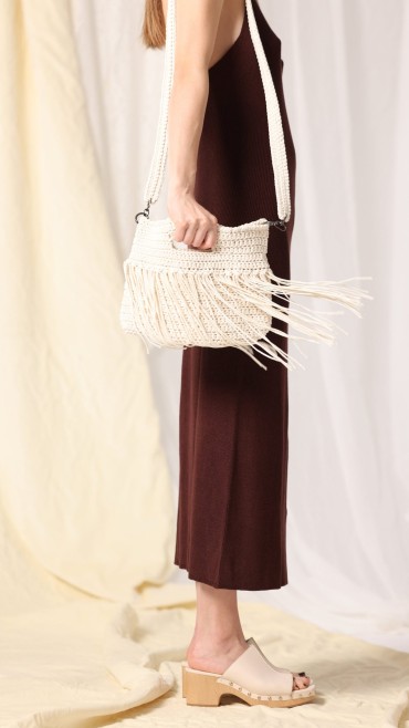 Cream Cotton Fringe Handbag