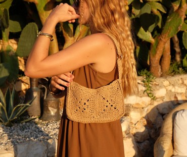 Beige Organic Cotton Crochet Shoulder Bag