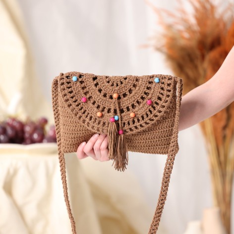 Brown Cotton Colorful Beaded Crossbody Bag