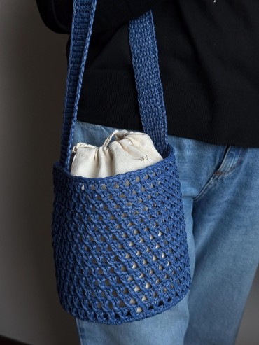 Blue Cotton Woven Bucket Bag