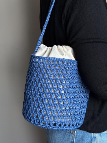 Blue Cotton Woven Bucket Bag