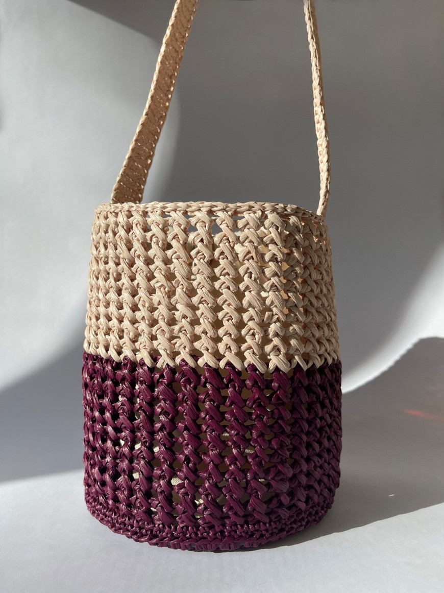 Two-Tone Raffia & Cotton Bucket Bag