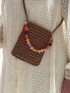 Brown Raffia Crossbody Bag with Colorful Beads