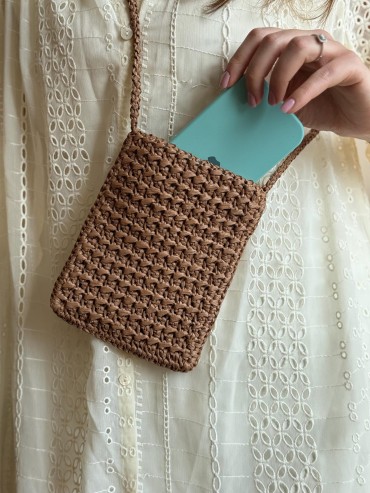 Brown Raffia Crossbody Bag with Colorful Beads