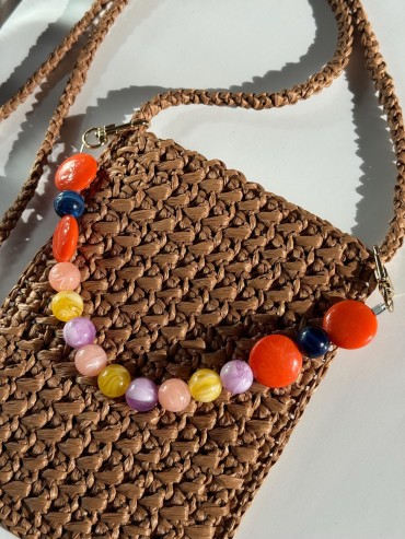 Brown Raffia Crossbody Bag with Colorful Beads