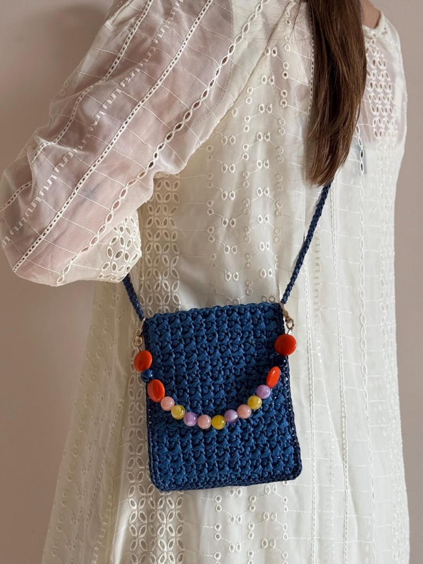 Blue Raffia Crossbody Bag with Beaded Detail