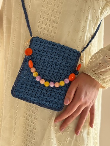 Blue Raffia Crossbody Bag with Beaded Detail