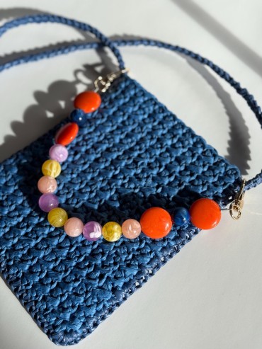 Blue Raffia Crossbody Bag with Beaded Detail