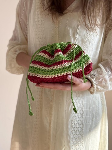 Striped Raffia Drawstring Bag