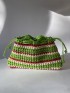 Striped Raffia Drawstring Bag